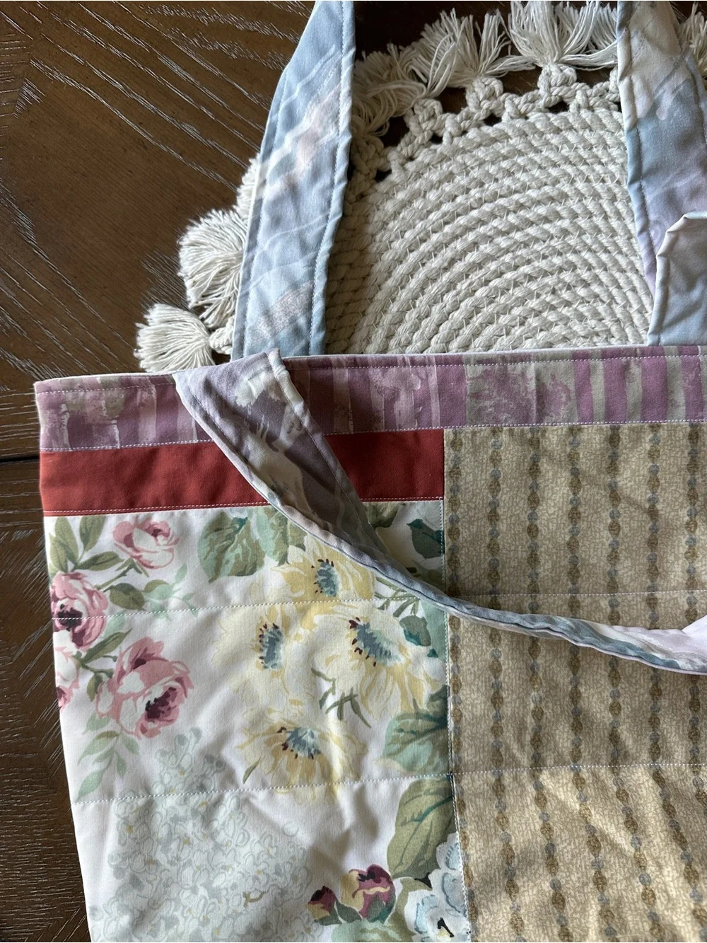 Floral Vintage Patchwork Tote Bag in Pink and Beige